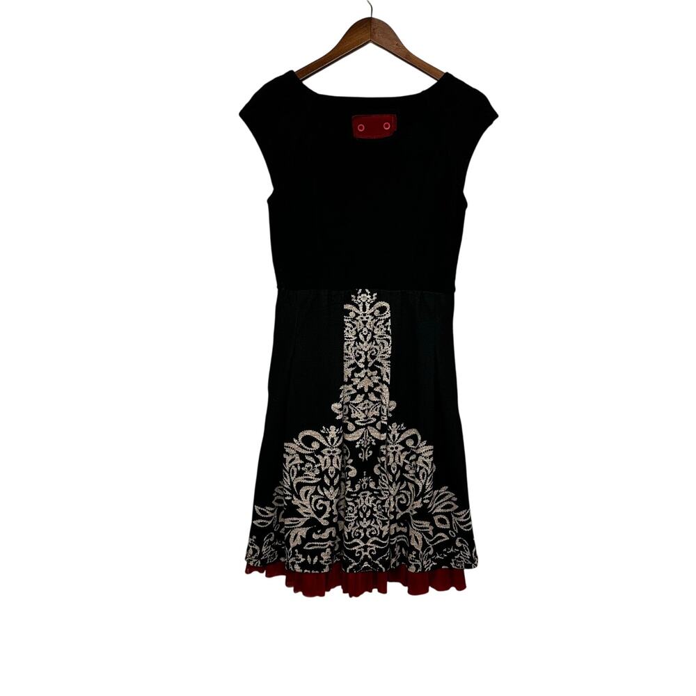 Vintage Lulu H Paris Fit Flare Dress L Black Red Lace Lagenlook Minor Flaw - Picture 5 of 13